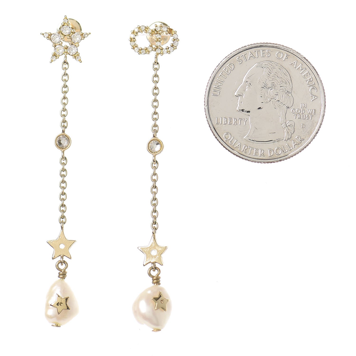 Christian Dior Pearl Crystal Shiny-D Dangle Chain Earrings Gold 2 of 4