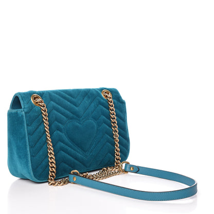 Gucci Velvet Matelasse Small GG Marmont Shoulder Bag Pavone Cyan 3 of 20