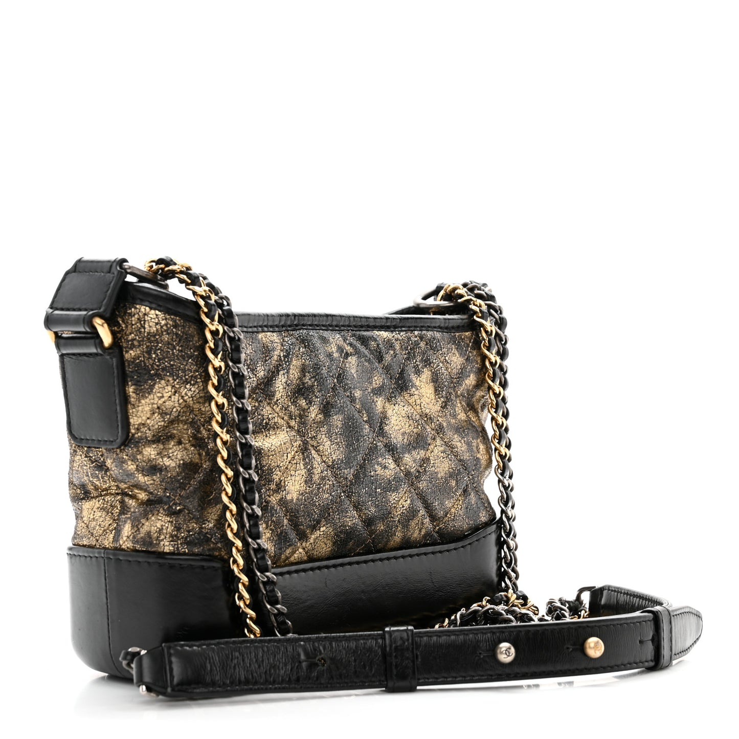 Metallic Crumpled Goatskin Quilted Small Gabrielle Hobo Black Gold