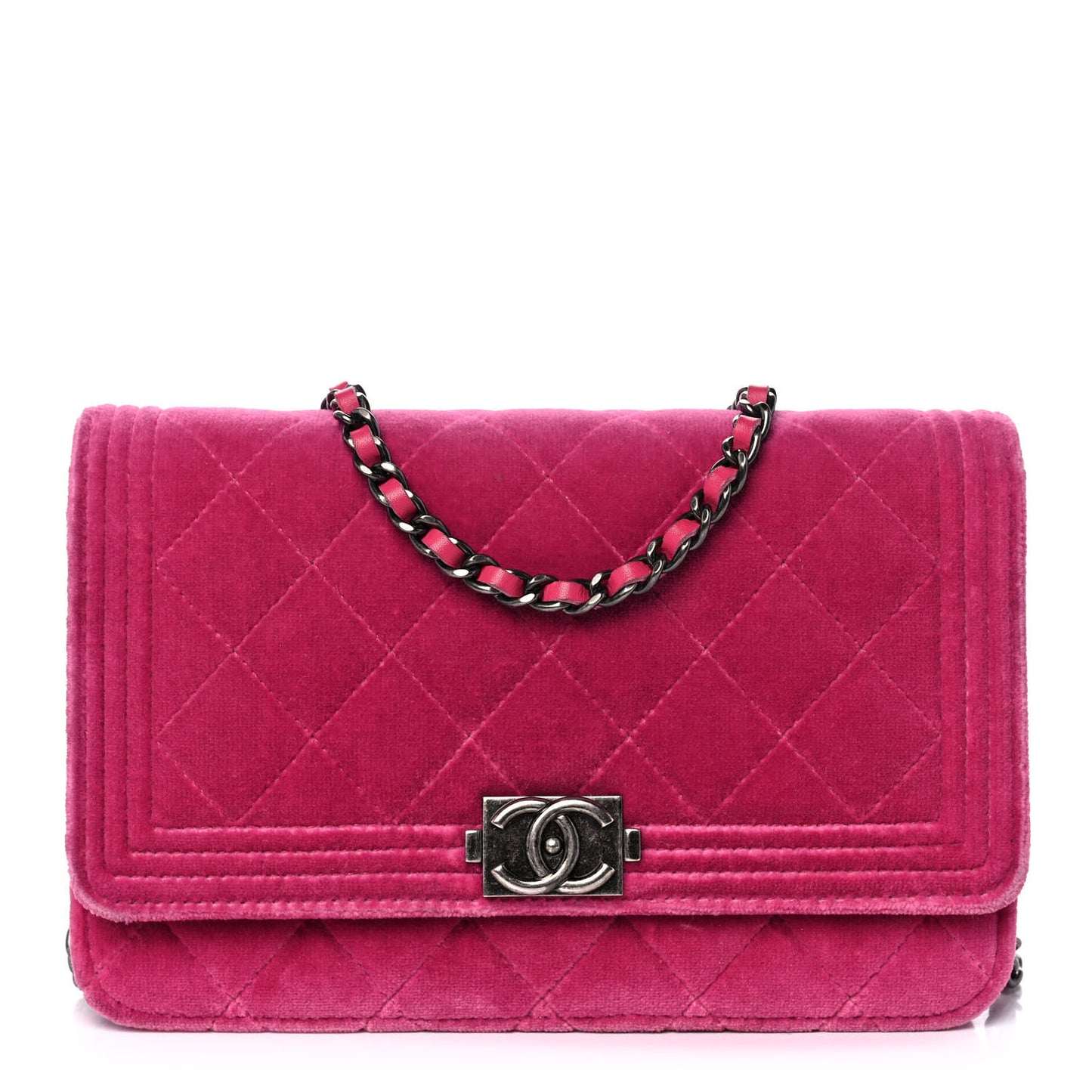 Velvet Quilted Boy Wallet On Chain WOC Fuchsia