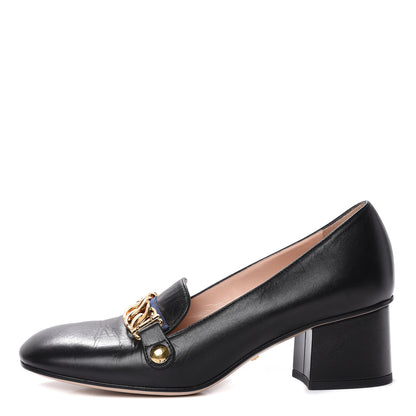 Gucci Malaga Kid Sylvie Web Chain Mid Heel Loafers 36.5 Black 1 of 15