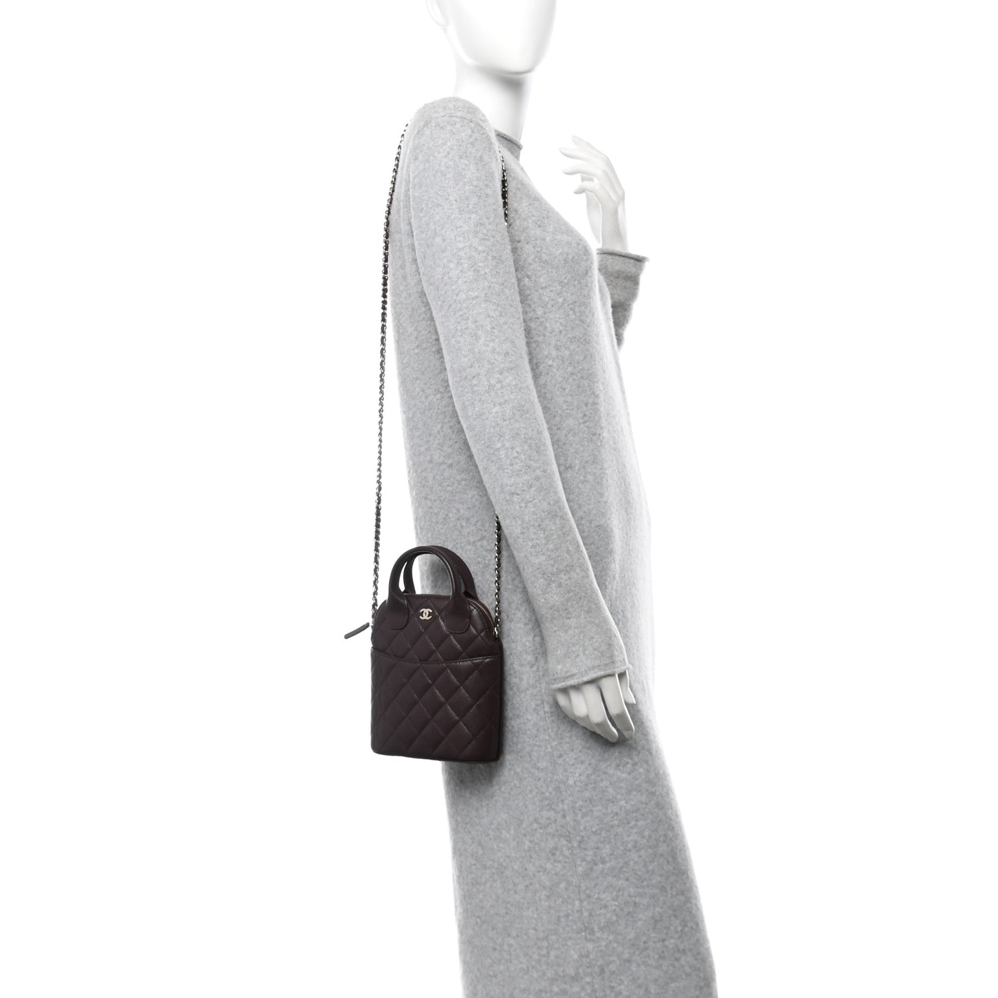 Caviar Quilted Top Handle Clutch With Chain Dark Brown