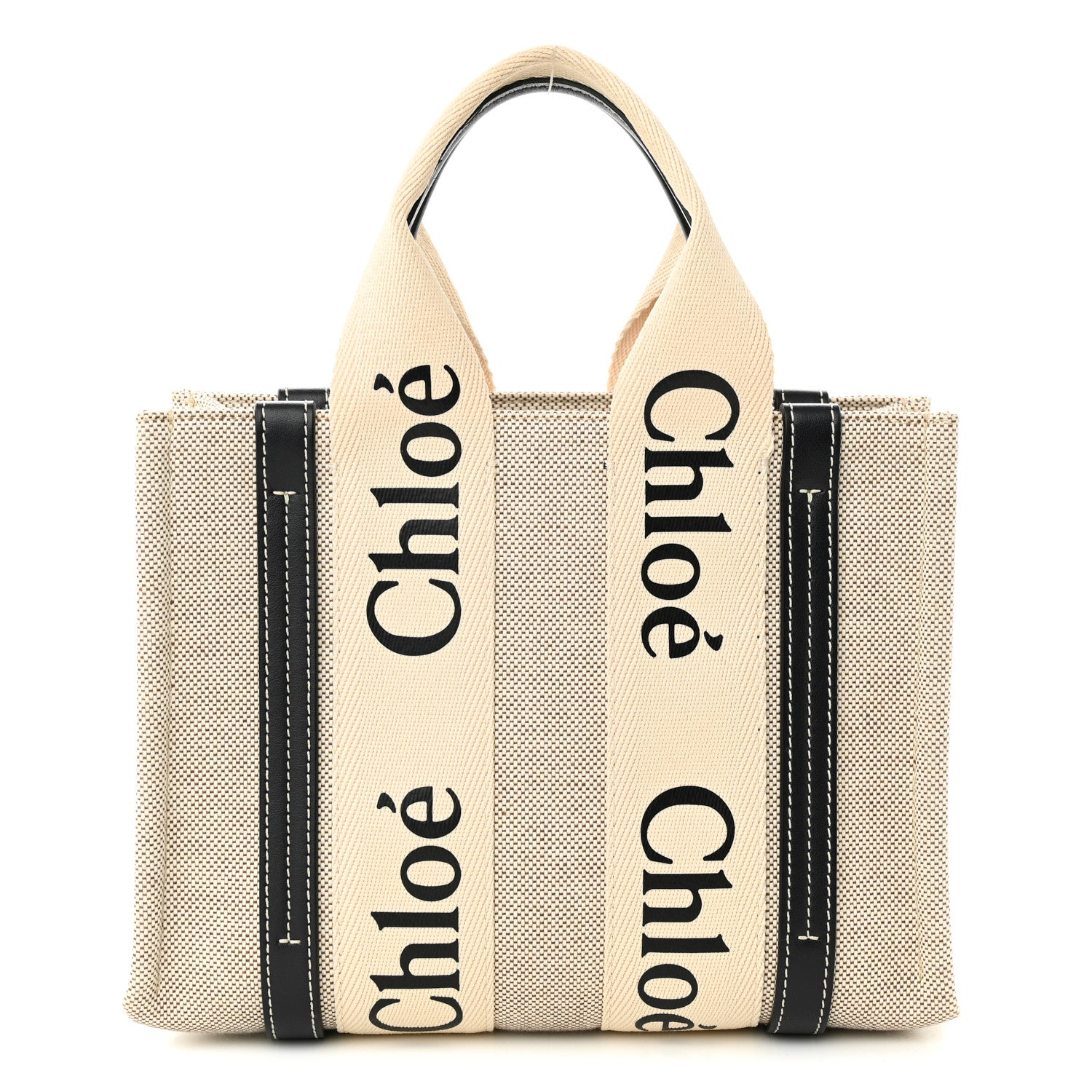 Chloe Cotton Calfskin Small Woody Ribbon Tote With Strap White Navy 1 of 10