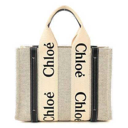 Chloe Cotton Calfskin Small Woody Ribbon Tote With Strap White Navy 1 of 10