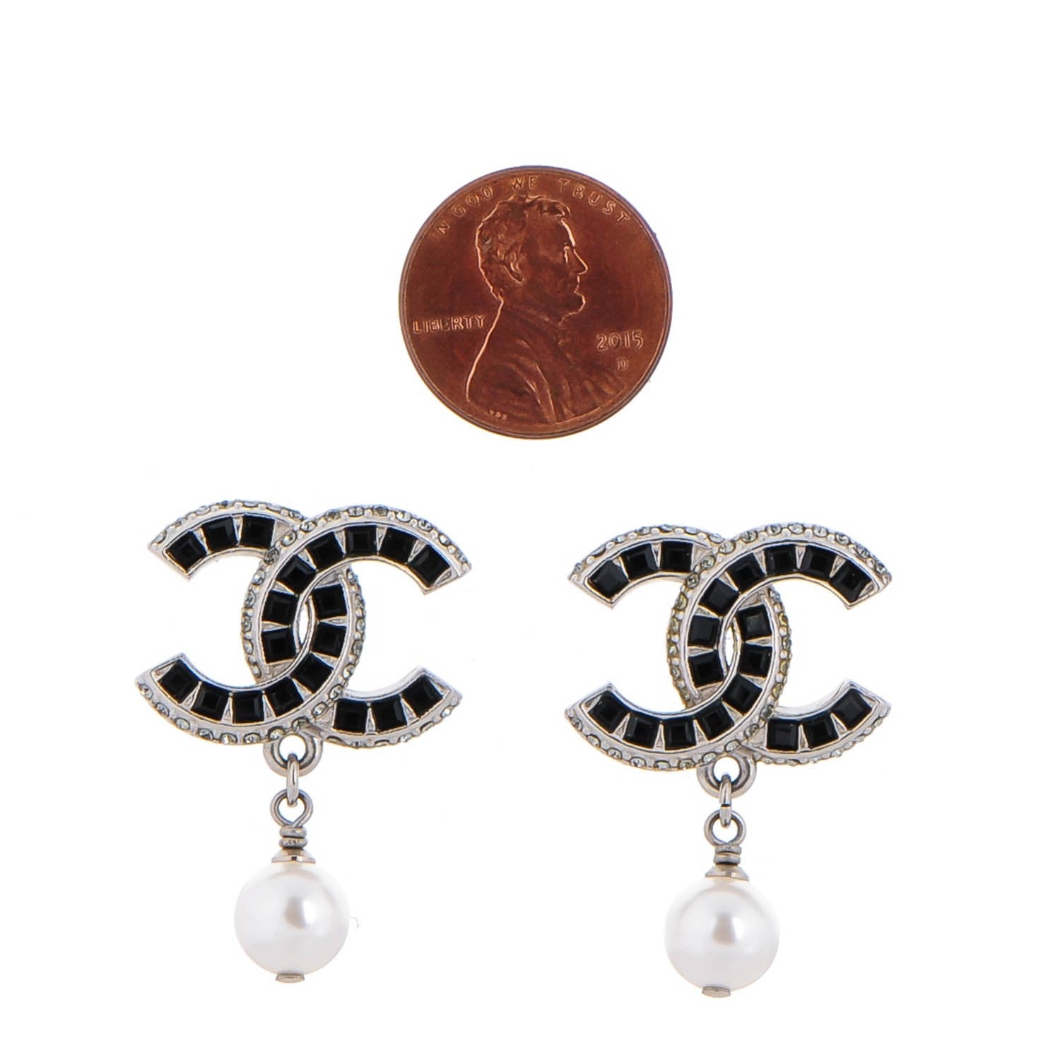 Chanel Baguette Crystal Pearl CC Drop Earrings Silver 2 of 5