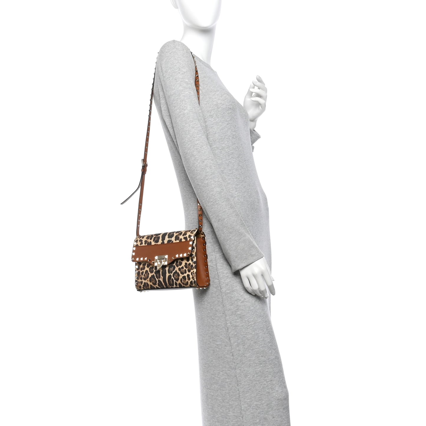 Calfskin Canvas Leopard Print Medium Rockstud Flip Lock Crossbody Bag Tan