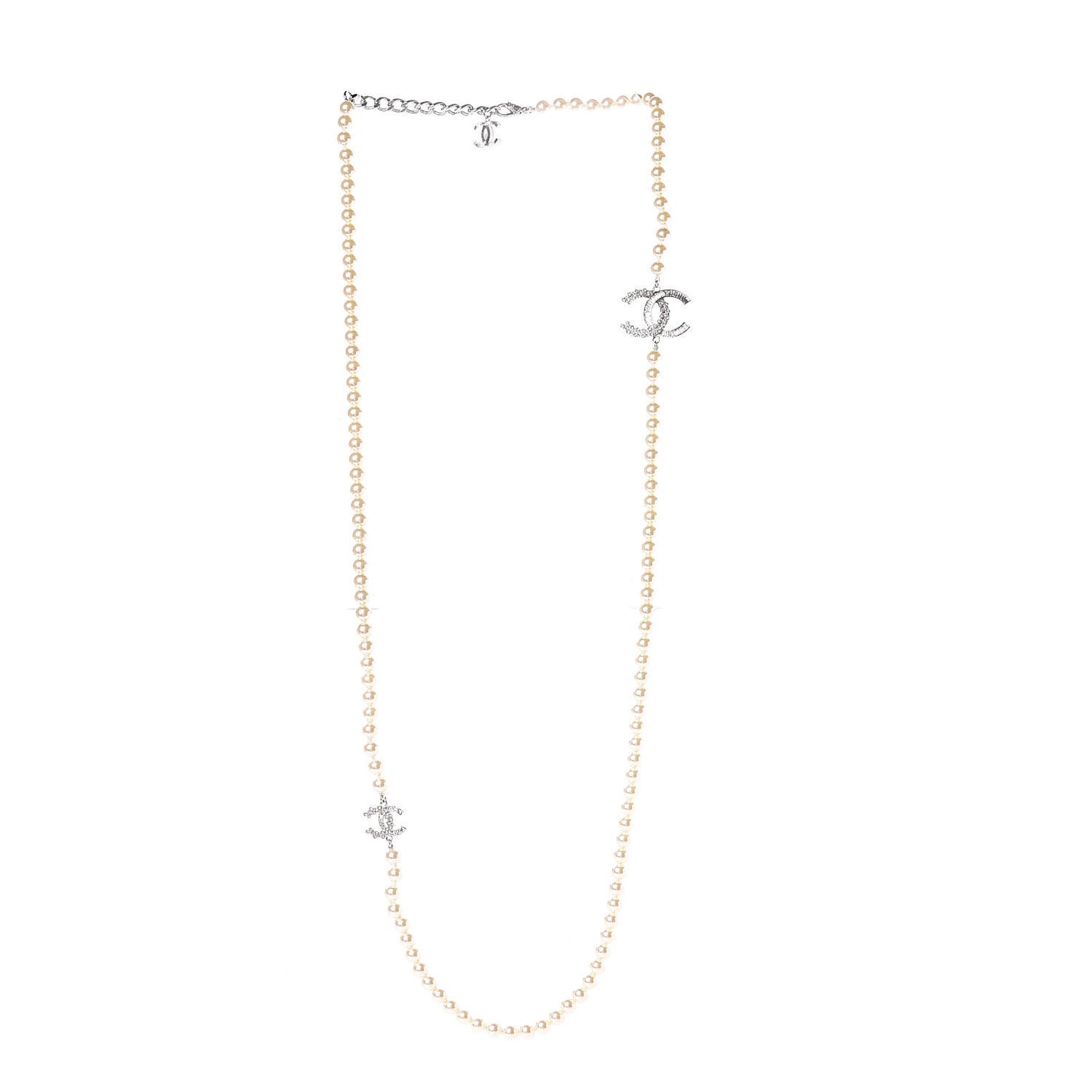 Pearl Baguette Crystal CC Long Necklace Silver