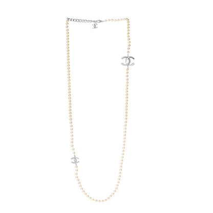 Chanel Pearl Baguette Crystal CC Long Necklace Silver 3 of 5