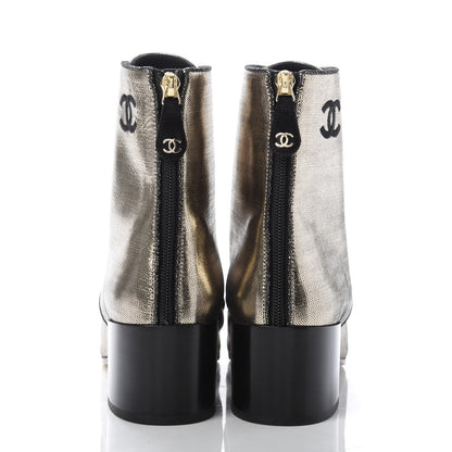 Chanel Laminated Calfskin CC Lace Up Short Boots 39.5 Silver Black 6 of 8