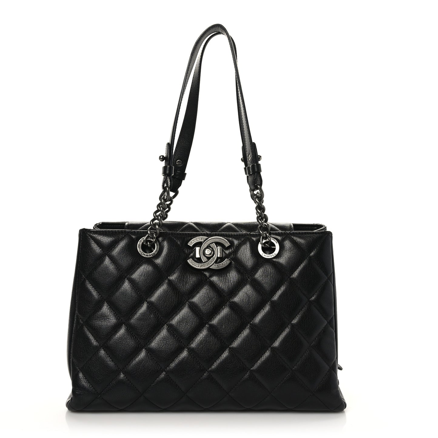 Metallic Goatskin Quilted Large City Rock Shopping Bag Black