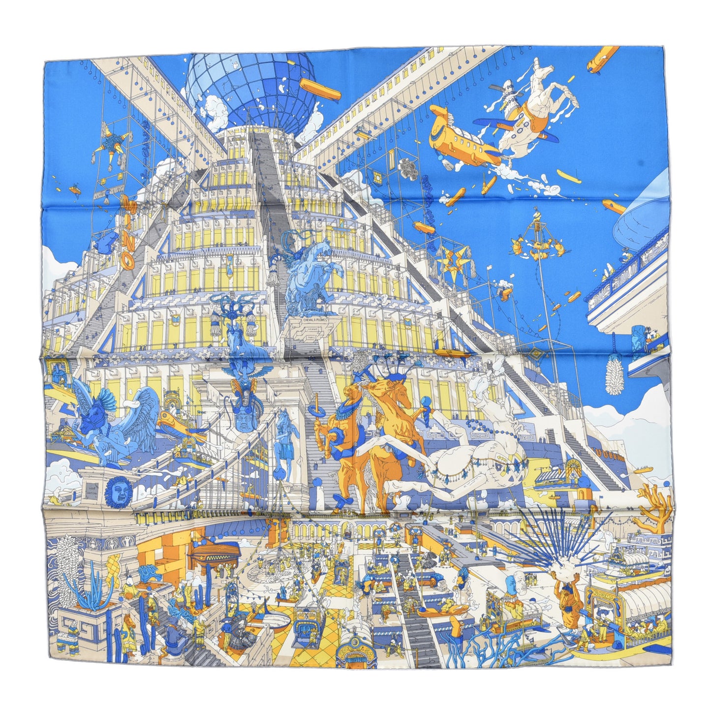 Silk La Legende Du Cheval A Plumes Scarf 90 Bleu Jaune Gold