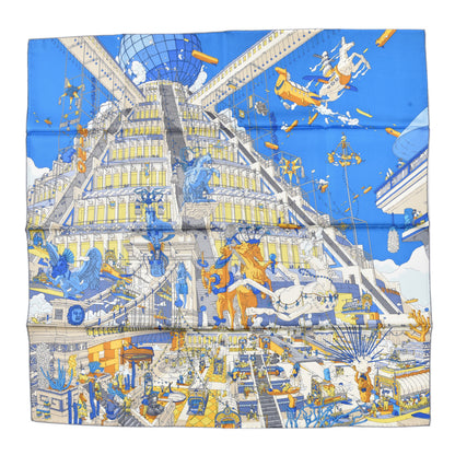 Hermes Silk La Legende Du Cheval A Plumes Scarf 90 Bleu Jaune Gold 1 of 4