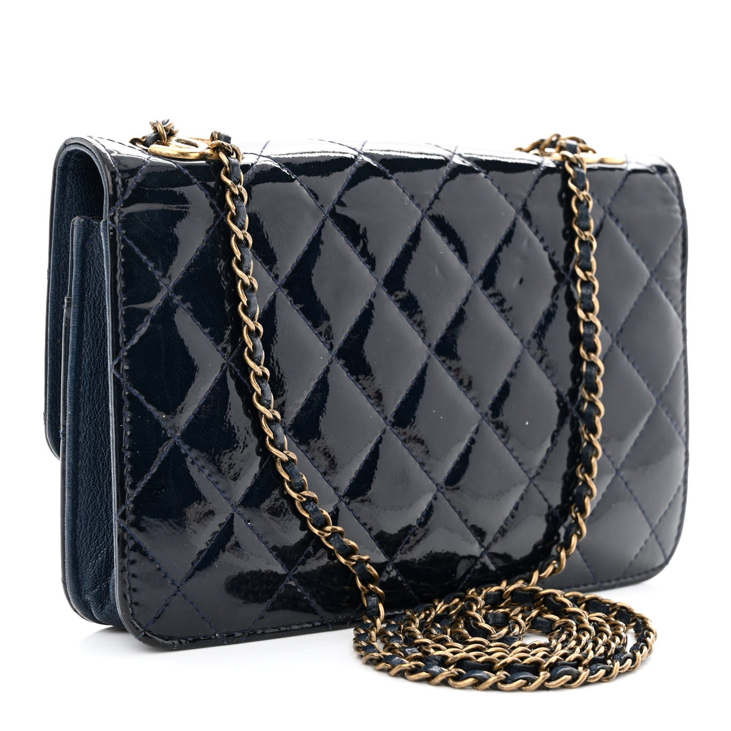 Chanel Patent Goatskin Quilted CC Eyelet Wallet On Chain WOC Blue 3 of 13