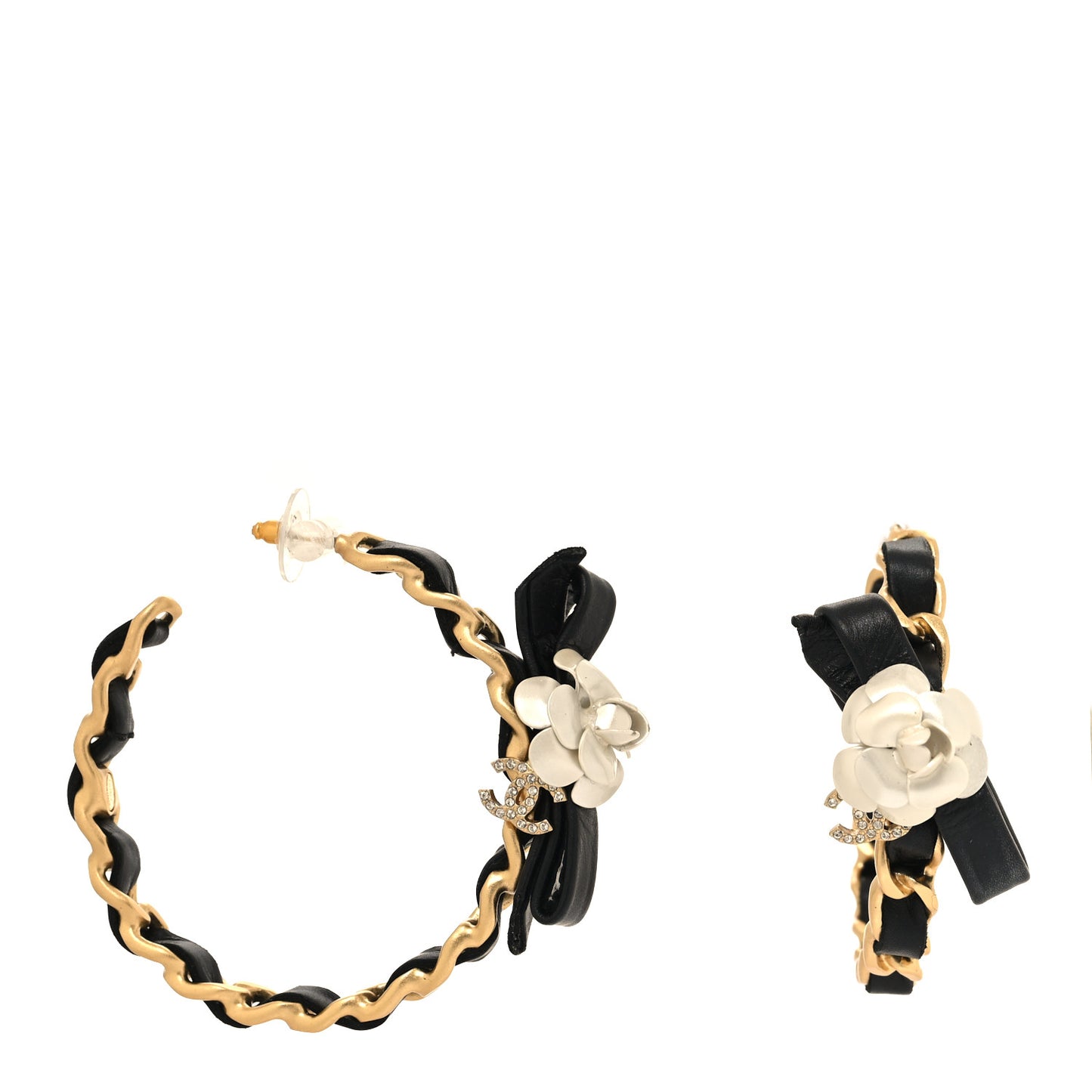 Lambskin Crystal CC Camelia Chain Hoop Earrings Gold Black White