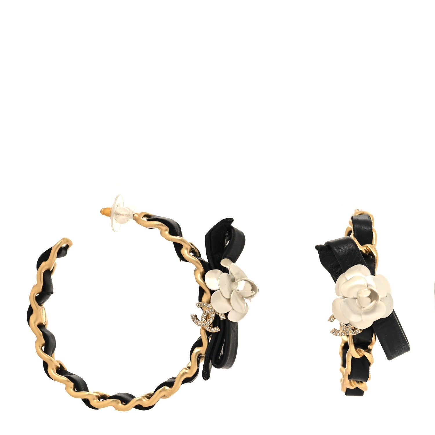 Chanel Lambskin Crystal CC Camelia Chain Hoop Earrings Gold Black White 1 of 5