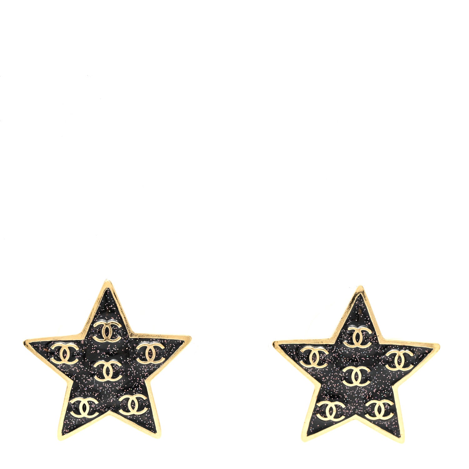 Chanel Metal Glitter Sparkle CC Star Earrings Gold Black 1 of 5