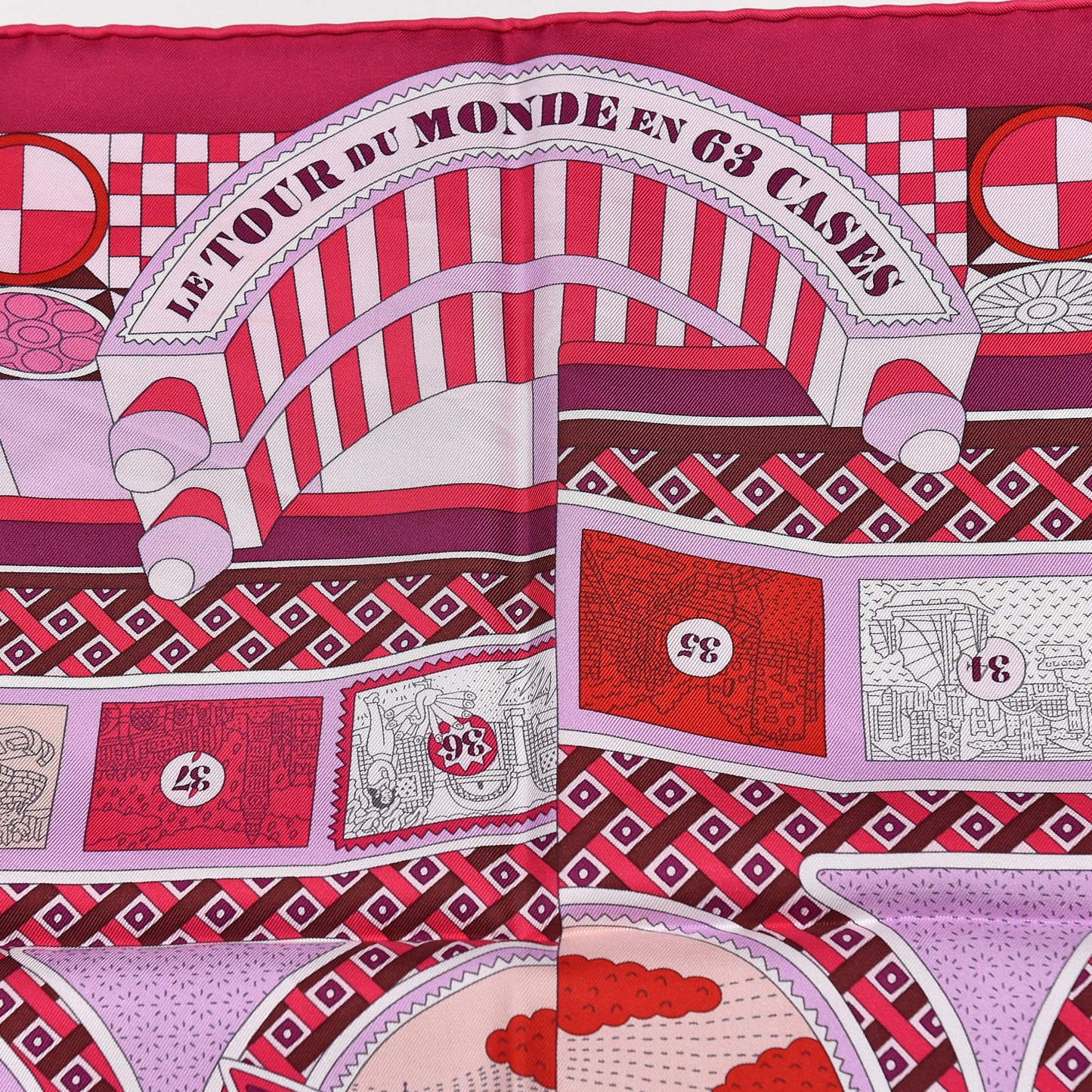 Silk Le Tour Du Monde En 63 Cases Scarf 90 Fuchsia Mauve White
