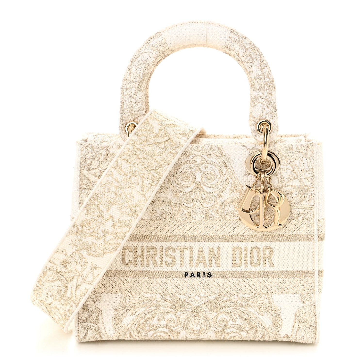 Christian Dior Canvas Around The World Stella Embroidered Medium Lady D-Lite White Gold 1 of 8