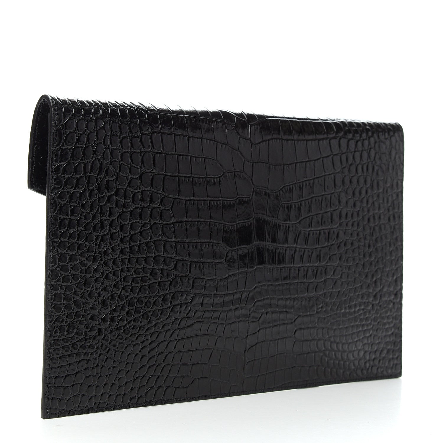 Saint Laurent Calfskin Crocodile Embossed Uptown Monogram Clutch Black 3 of 7