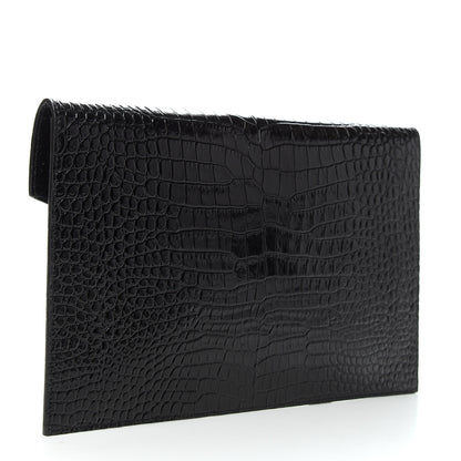 Saint Laurent Calfskin Crocodile Embossed Uptown Monogram Clutch Black 3 of 7