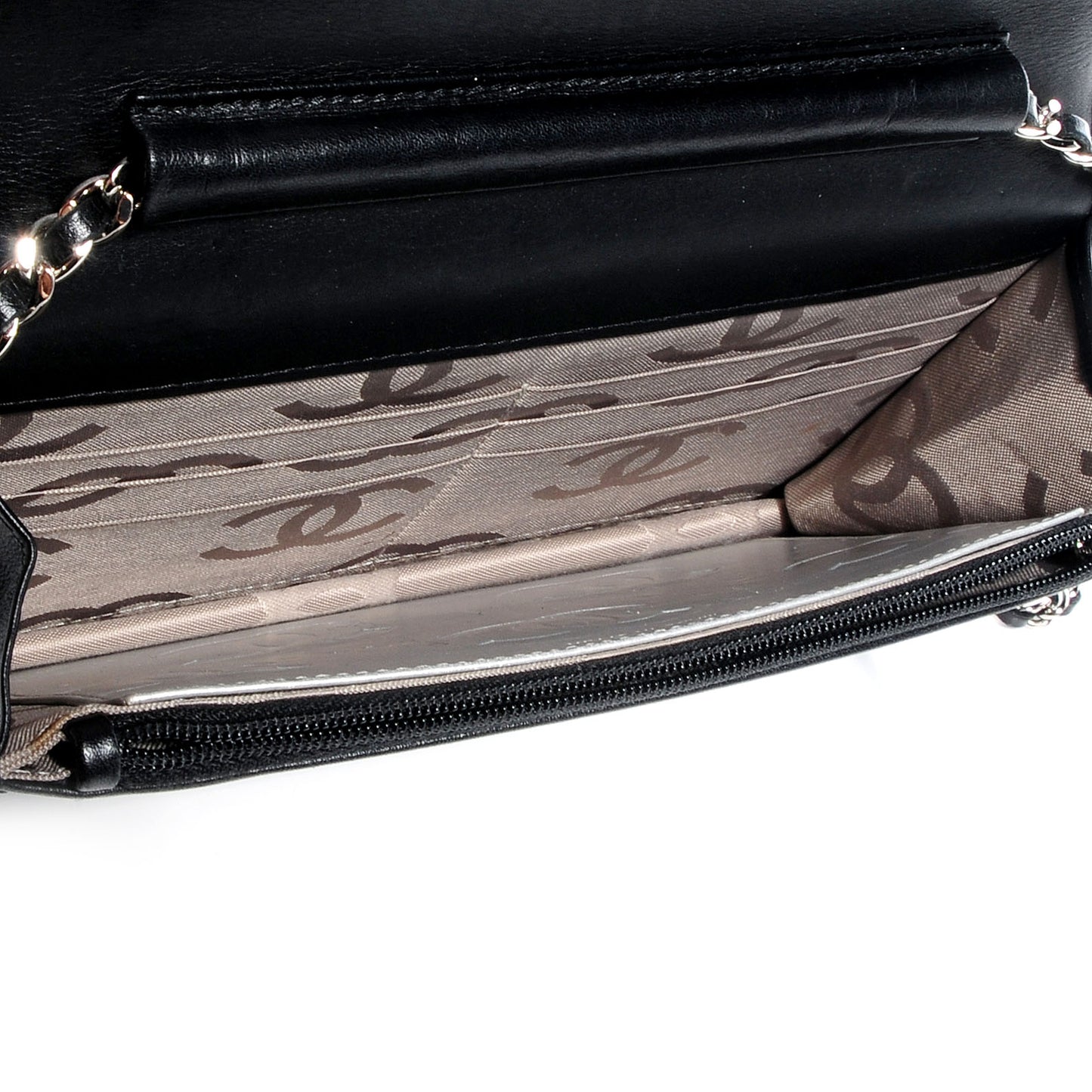 Leather Quilted Cambon Wallet on Chain WOC Black Silver