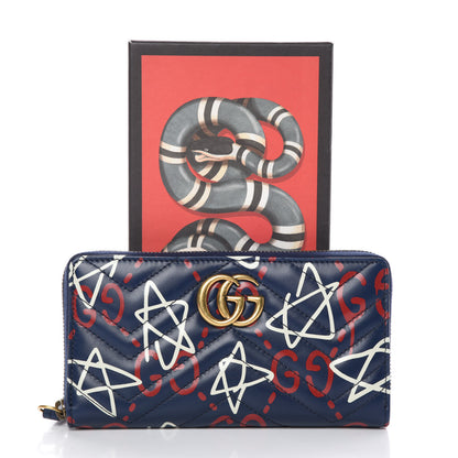 Gucci Calfskin Matelasse GucciGhost GG Marmont Zip Around Wallet Blue Agata Hibiscus Red 10 of 10