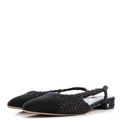 Chanel Tweed Grosgrain Cap Toe CC Slingback Flats  40 Blue Gold 4 of 14
