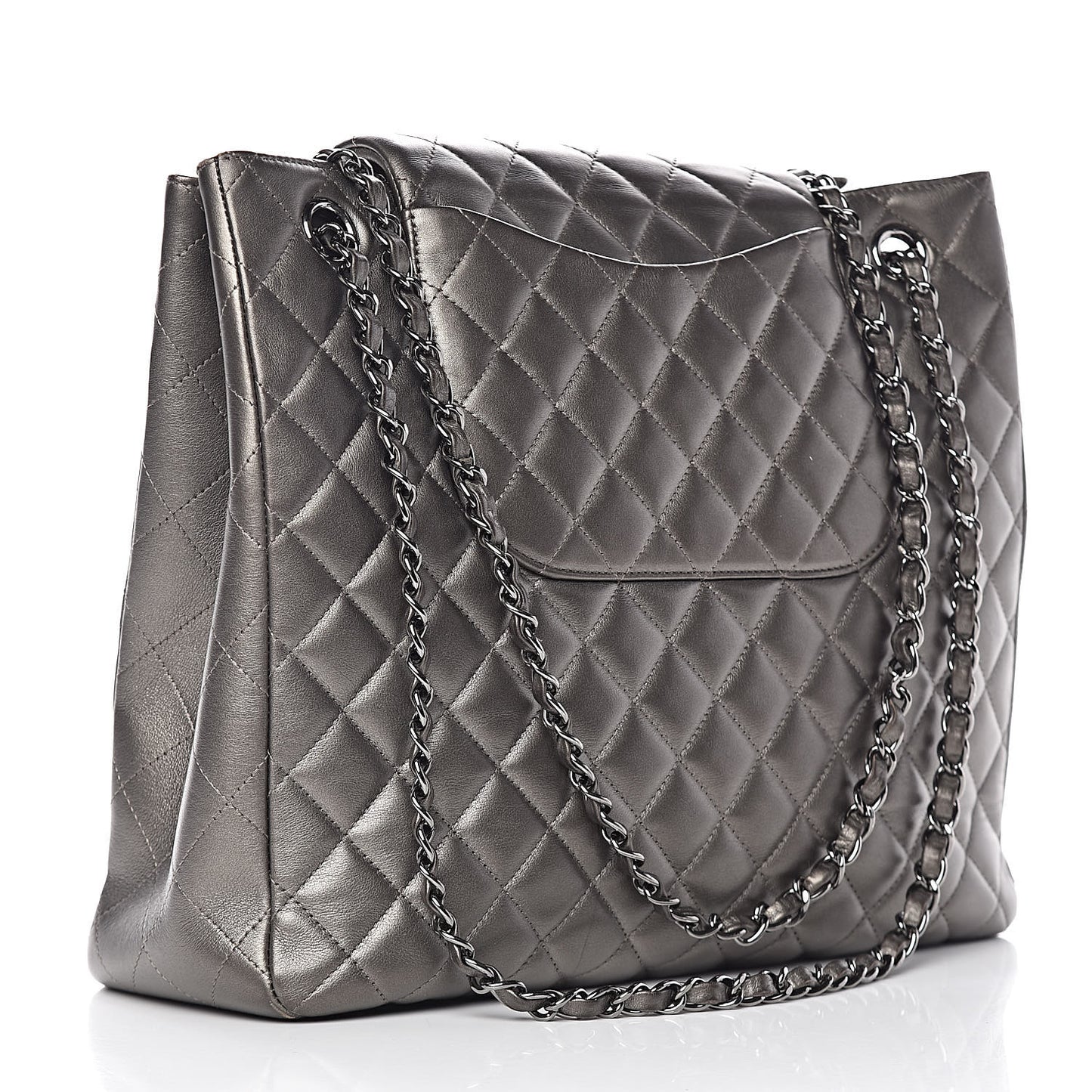 Metallic Calfskin Quilted Flap Tote Dark Silver