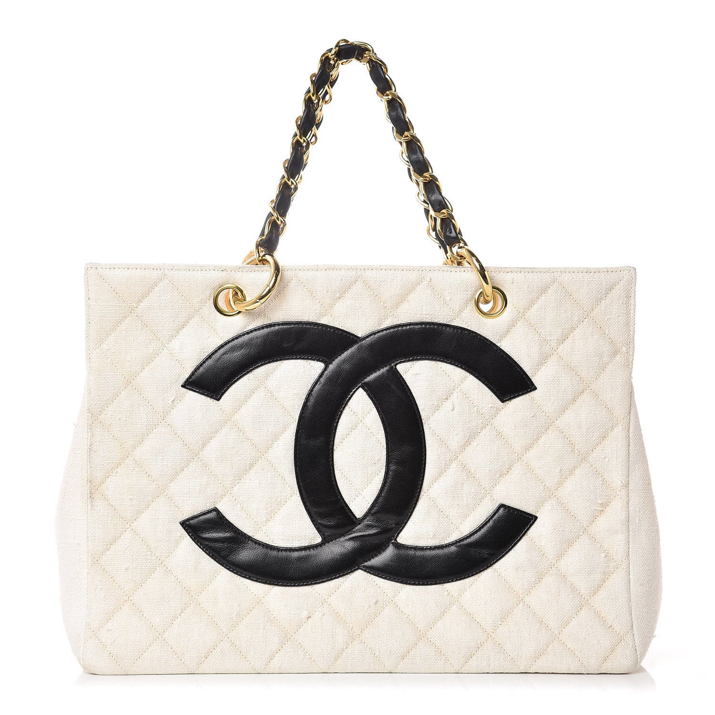 Linen Quilted CC Shopping Tote Beige
