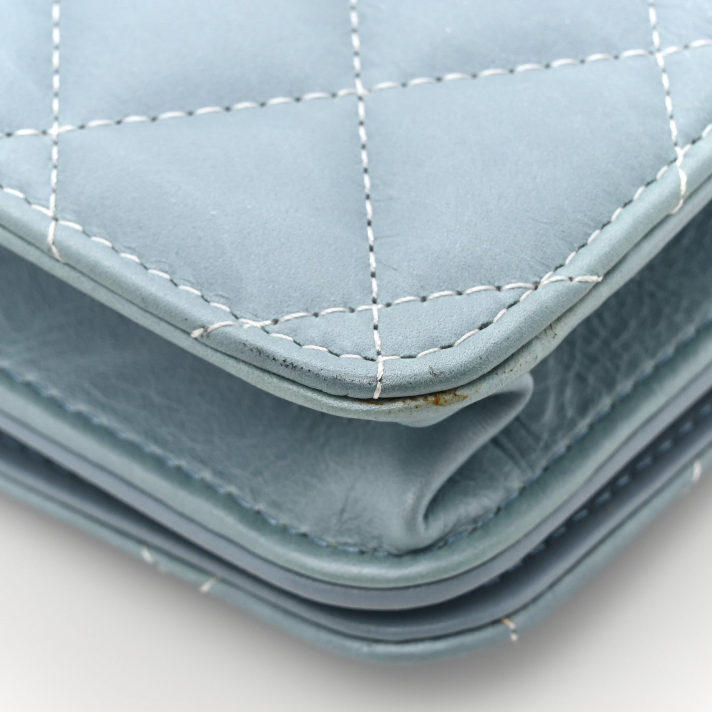 Faded Patent Calfskin Quilted Wallet on Chain Blue