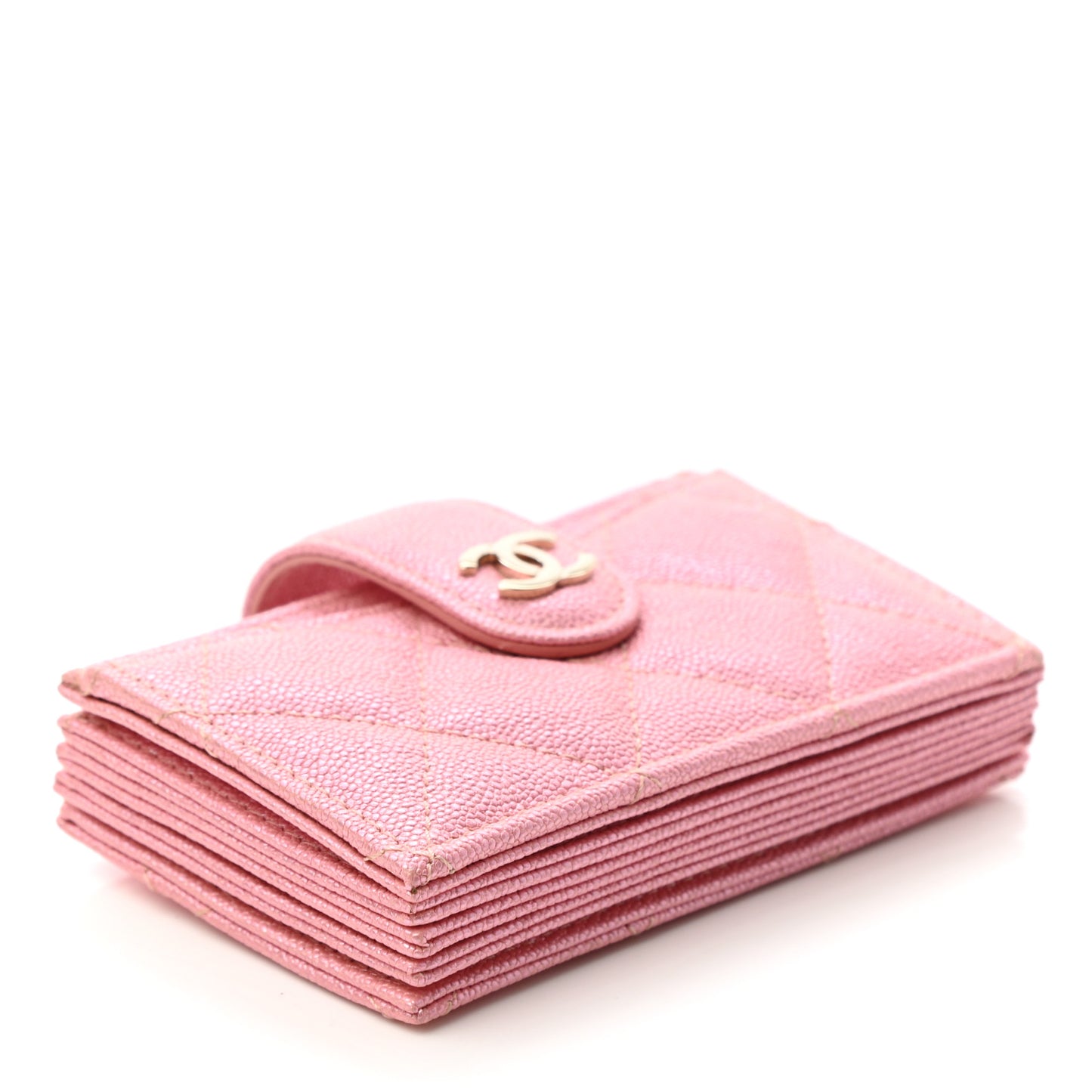 Iridescent Caviar Quilted Gusseted Card Holder Pink