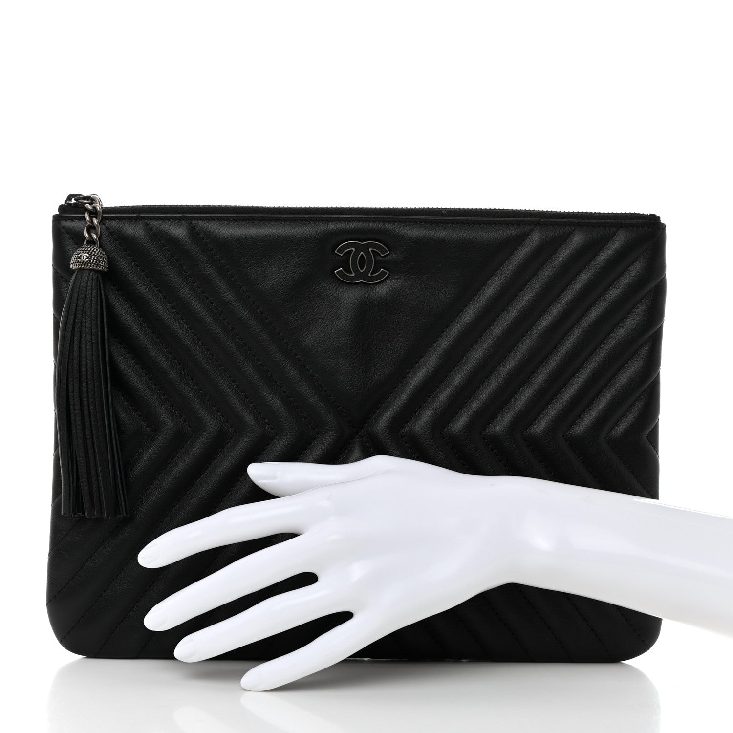 Chanel Calfskin Chevron Quilted Tassel Medium Cosmetic Case Black 2 of 7