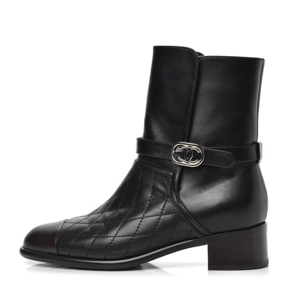 Chanel Calfskin Quilted Cap Toe Boots 37.5 Black Brown 1 of 9