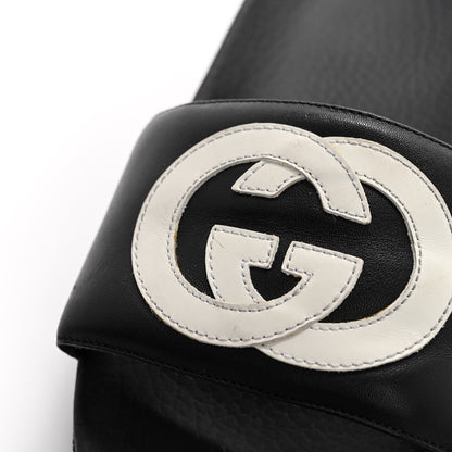 Gucci Nappa Miro Soft Calfskin Womens Interlocking G Slide Sandals 37 Black White 10 of 12