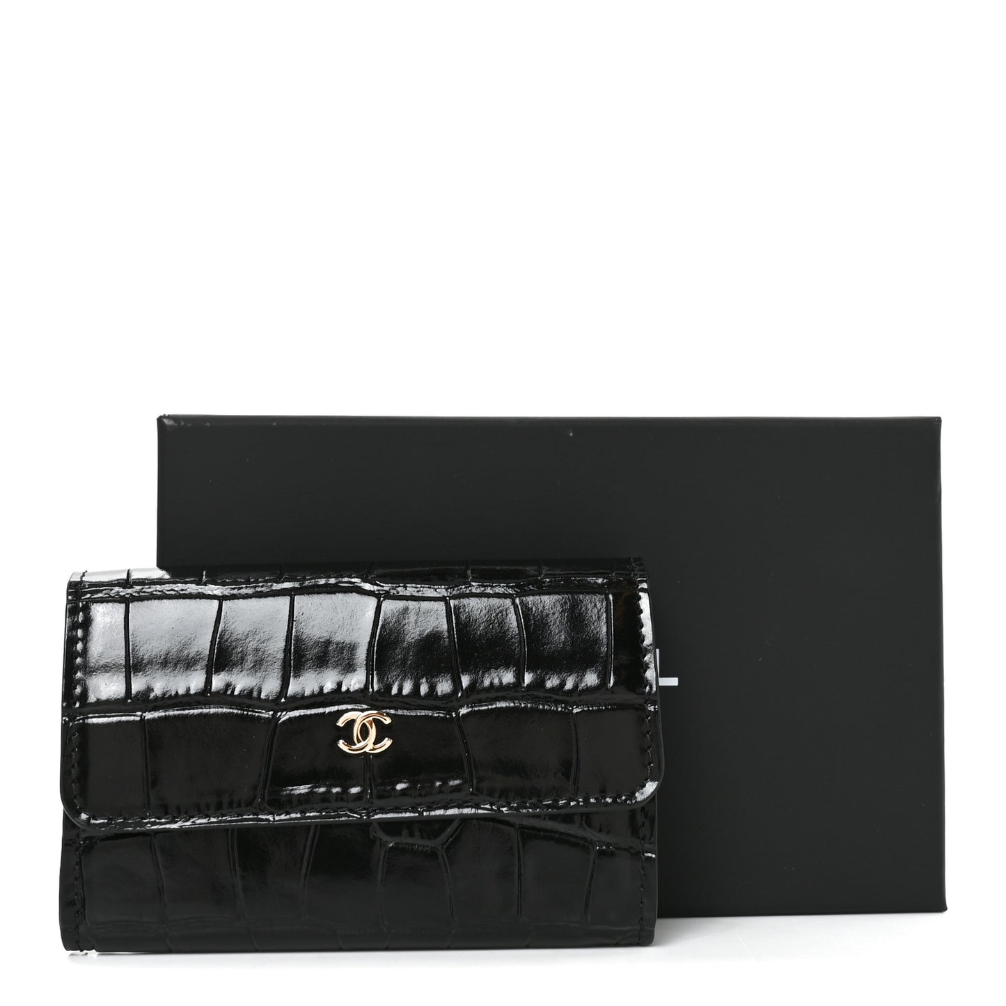 Calfskin Crocodile Embossed Crococo Flap Cardholder Black