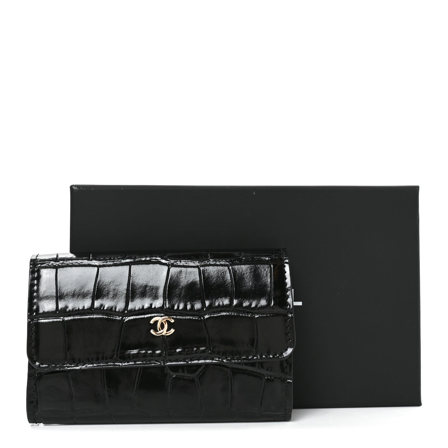 Chanel Calfskin Crocodile Embossed Crococo Flap Cardholder Black 9 of 9