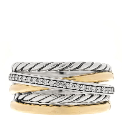 David Yurman Sterling Silver 18K Yellow Gold Diamond 11mm Wide Crossover Cable Ring 54 7 1 of 4