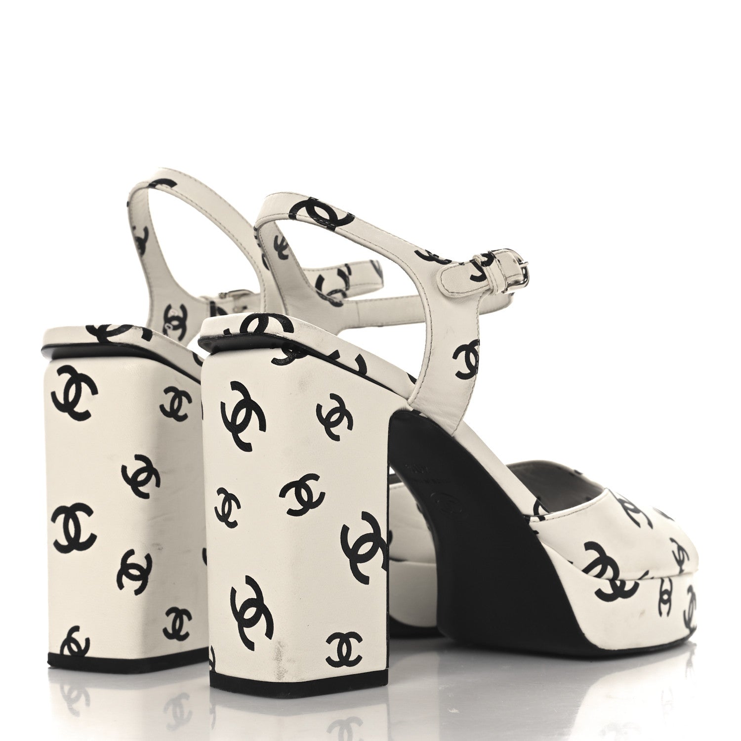 Chanel Printed Lambskin CC Platform Sandals 40.5 White Black 5 of 10