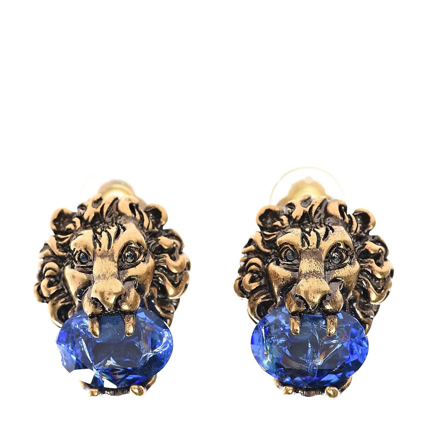 Crystal Lion Head Earrings Blue Sapphire