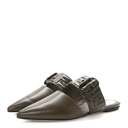 Fendi Vitello FF Embossed Buckle Flat Mules 37 Wood 4 of 9