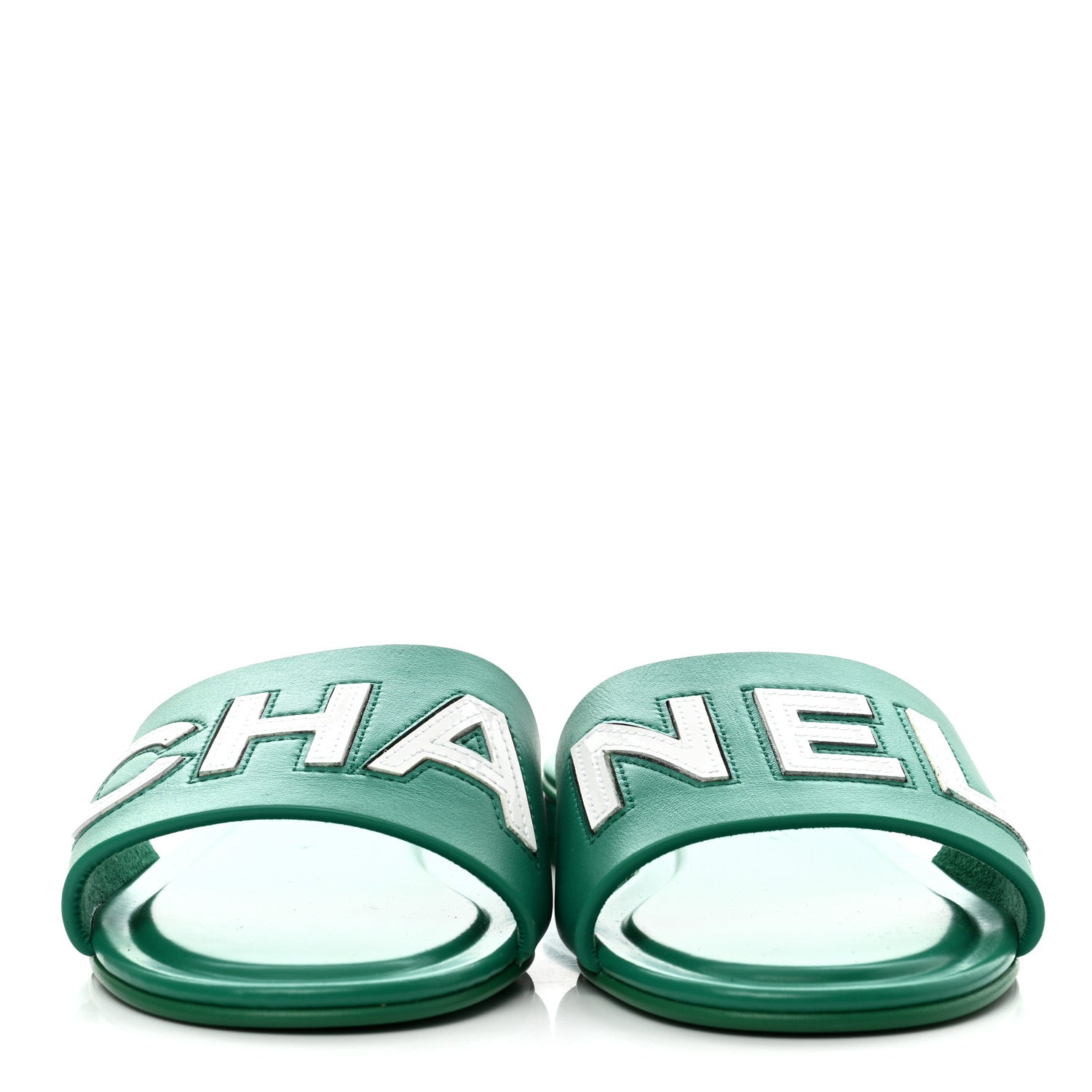 Chanel Calfskin Patent Calfskin Logo Mules 35 Green White 2 of 8