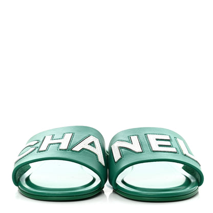 Chanel Calfskin Patent Calfskin Logo Mules 35 Green White 2 of 8