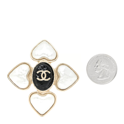 Chanel Resin Pearl CC Heart Brooch Gold Pearly White Black 2 of 6