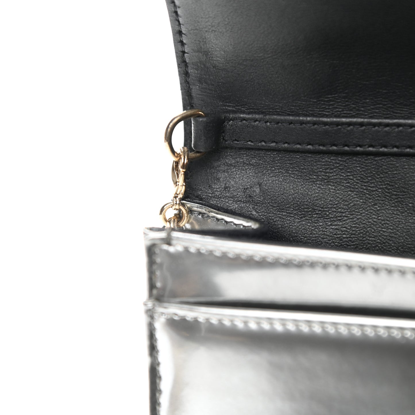 Metallic Patent Micro-Cannage Diorama Wallet on Chain Pouch Silver