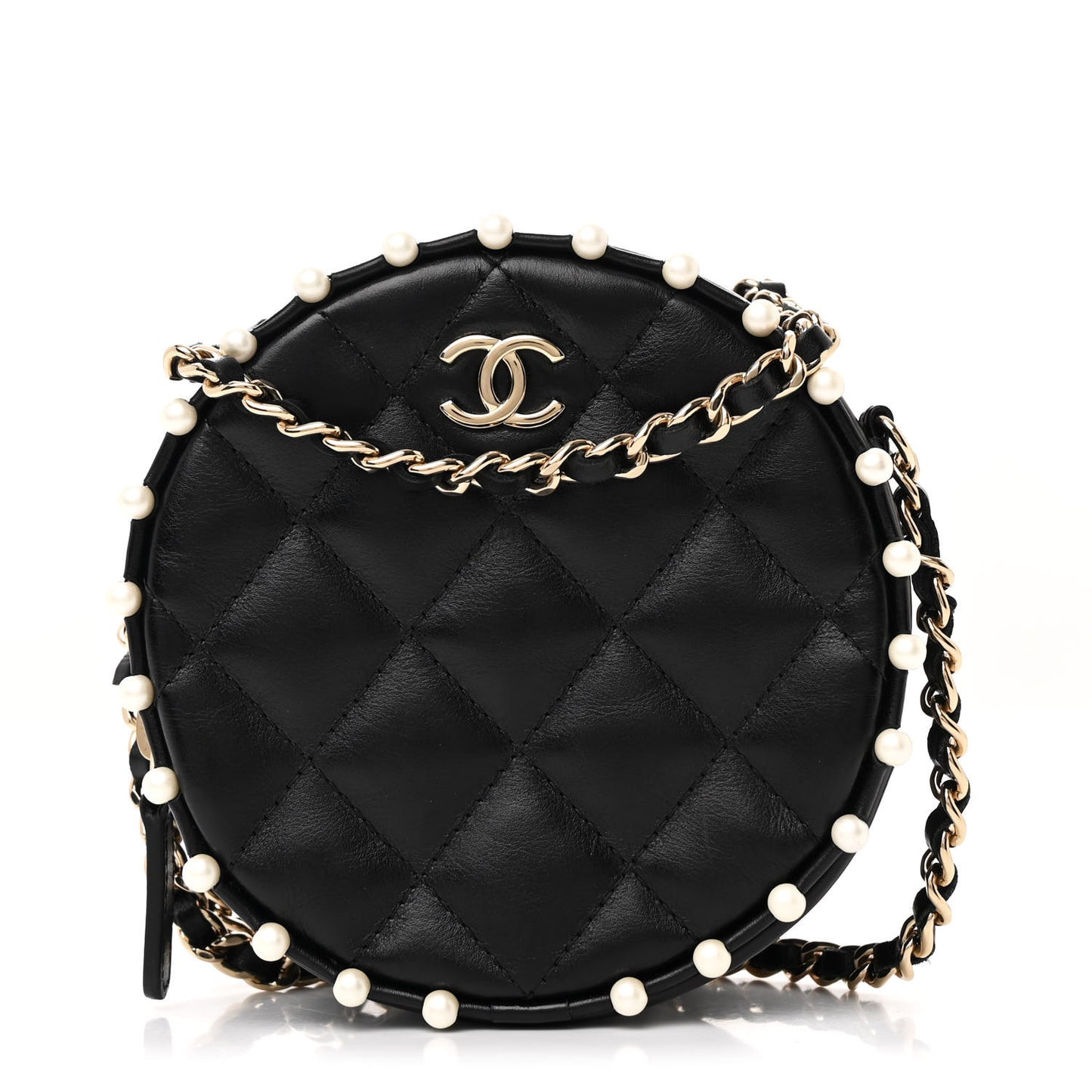 Calfskin Quilted Pearl Round Clutch With Chain Black