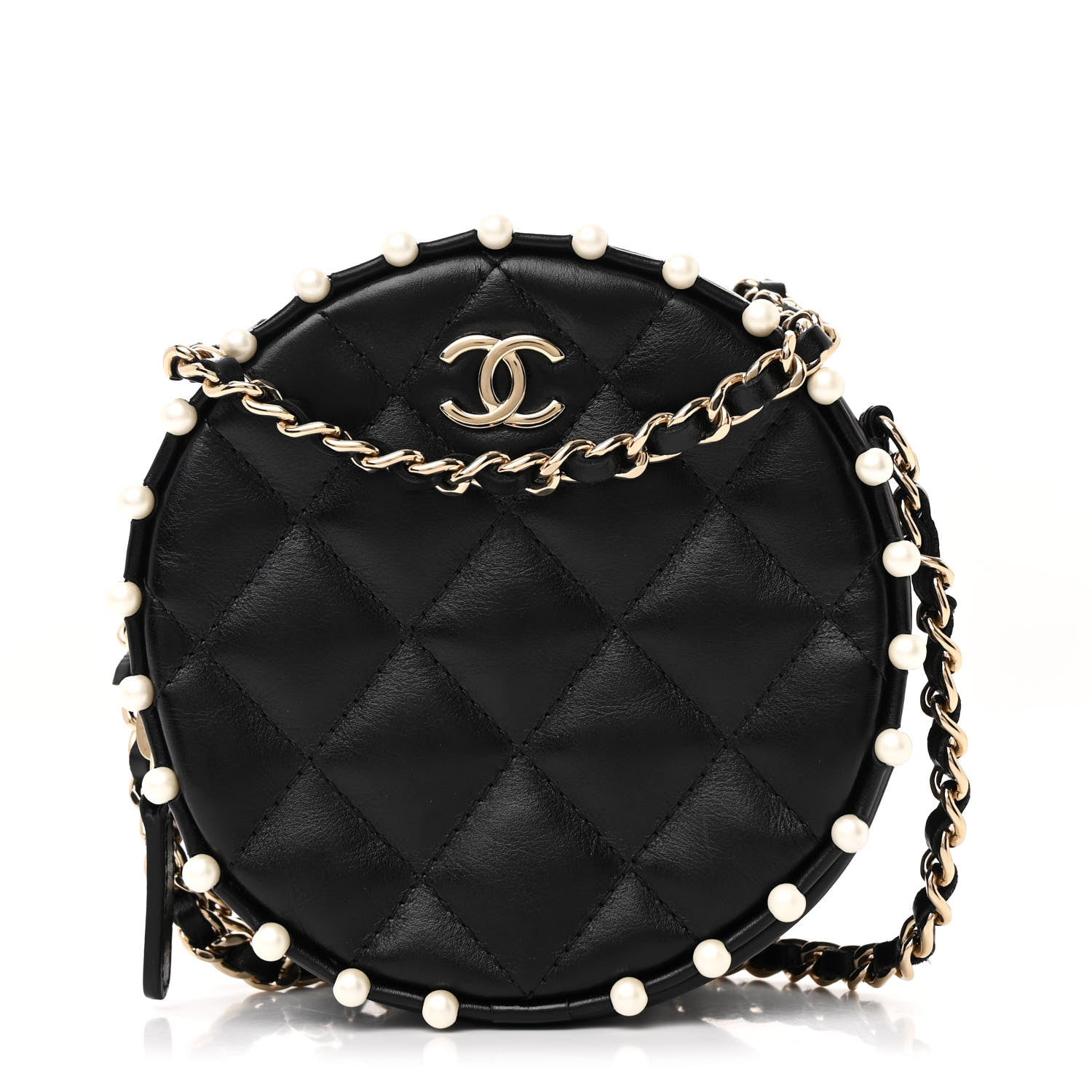 Chanel Calfskin Quilted Pearl Round Clutch With Chain Black 1 of 11