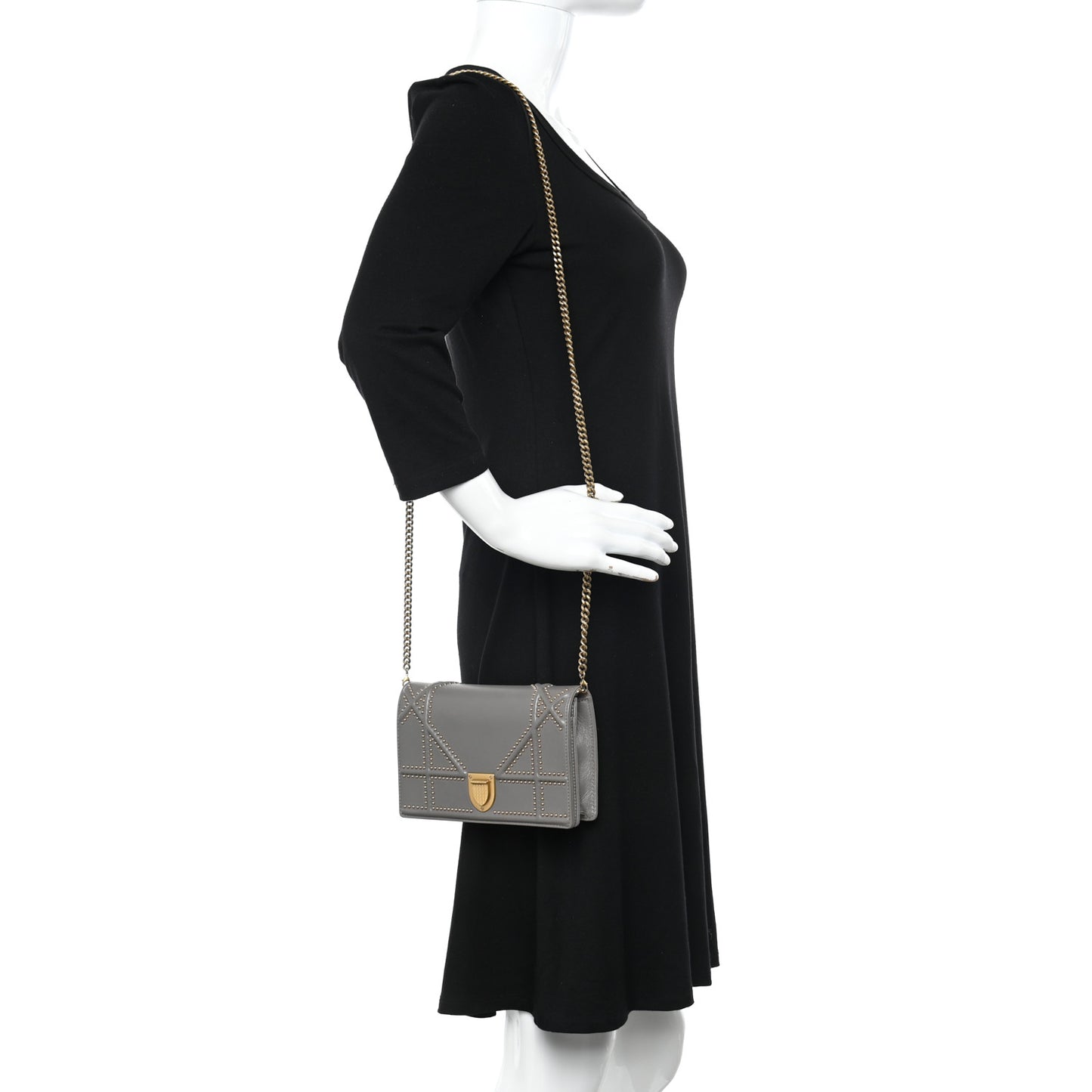 Calfskin Studded Diorama Wallet on Chain Pouch Grey