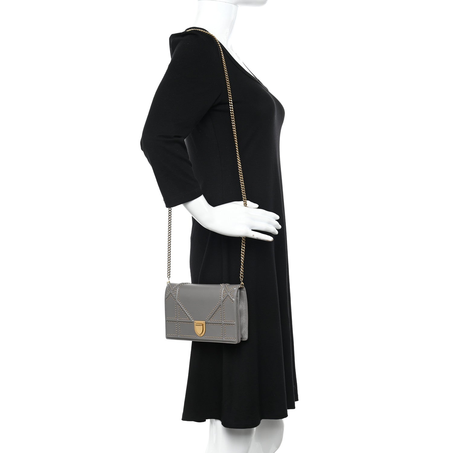 Christian Dior Calfskin Studded Diorama Wallet on Chain Pouch Grey 2 of 10
