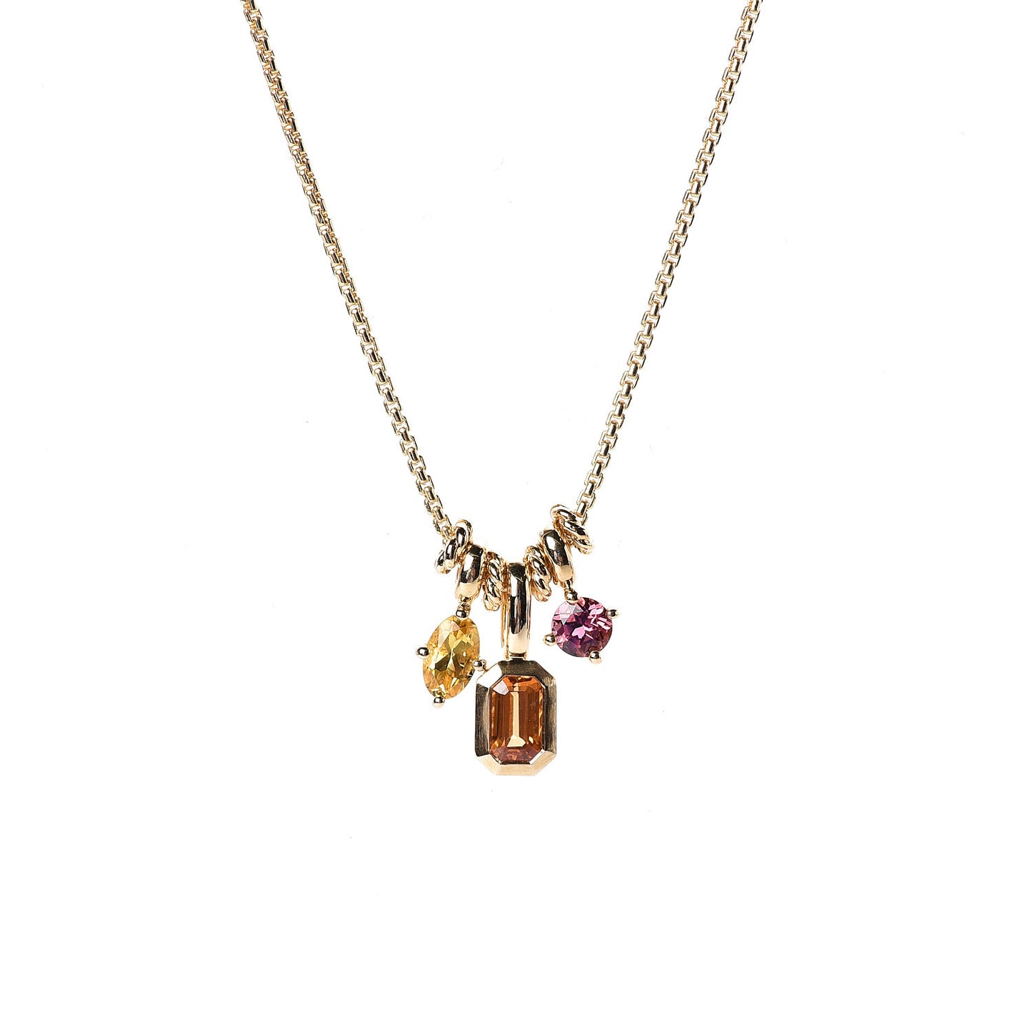18K Yellow Gold Spessartine Garnet Yellow Beryl Pink Tourmaline Novella Pendant Necklace