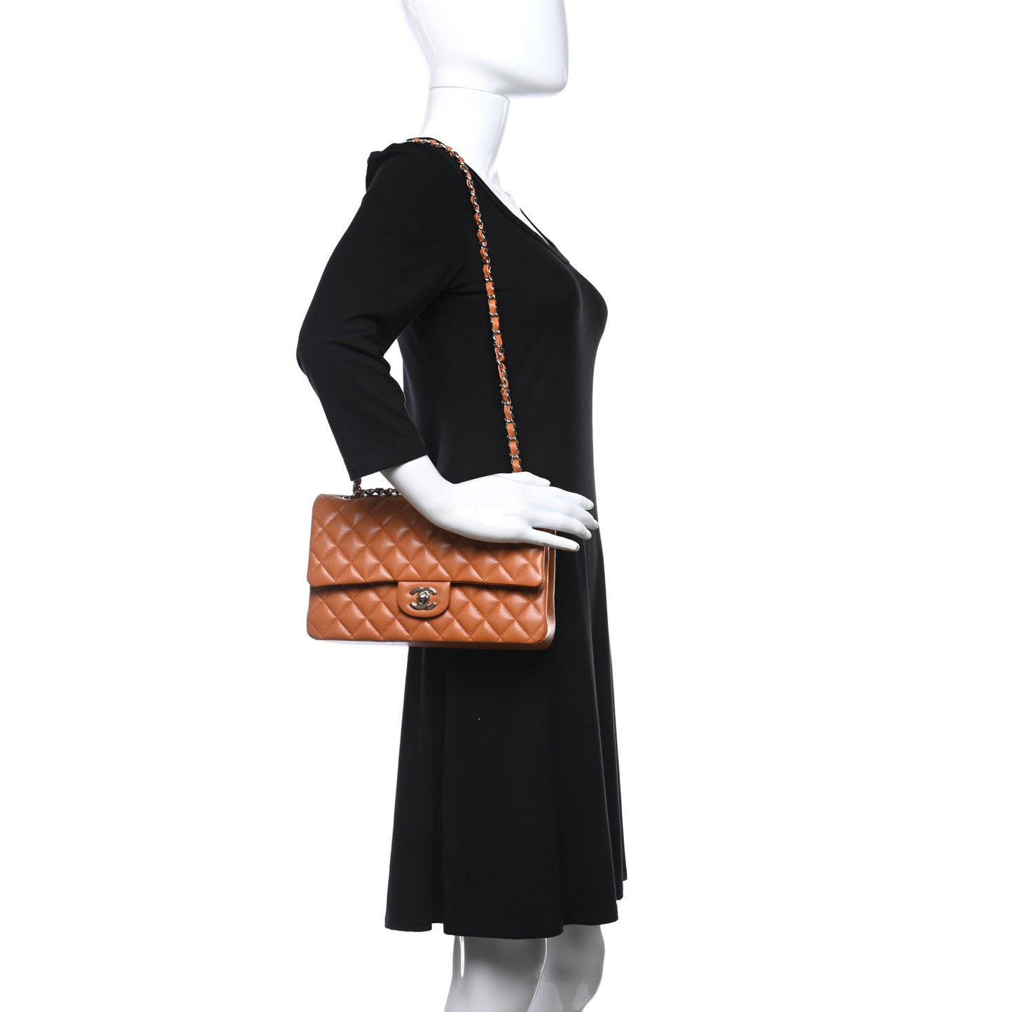 Caviar Quilted Medium Double Flap Light Brown